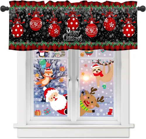 Miniatura 33 de Cenefa de cortina con lazo rojo de Navidad para ventanas, sala de estar, cocina, baño, granja, bolas de Navidad de acuarela con diseño de bayas