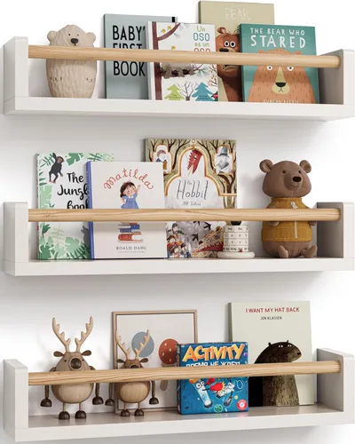 G&W Gruwald Juego de 3 estantes para libros de guardería, estantería de pared, estante de libros para habitaciones de niños, estantes de pared para