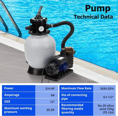 Miniatura 5 de Bomba de filtro de arena de 13 pulgadas, filtro de arena de piscina de 3434 GPH de 3/4 HP para piscinas sobre el suelo y enterradas de hasta 8500