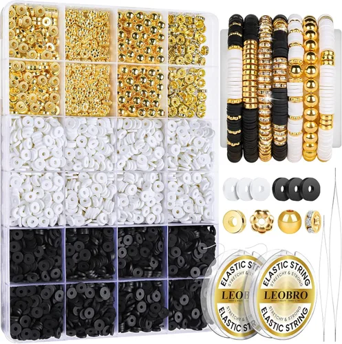 LEOBRO Kit de fabricación de pulseras de cuentas de arcilla, 3524 cuentas blancas, negras y doradas para pulseras, cuentas para hacer joyas,