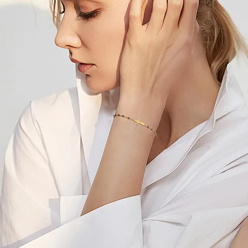 Miniatura 3 de Pulsera de Cuentas con Cruz Chapada en Oro de 14K para Mujeres, Pulsera de Acero Inoxidable Ajustable con Cruz de Fe Religiosa, Pulsera de Cadena