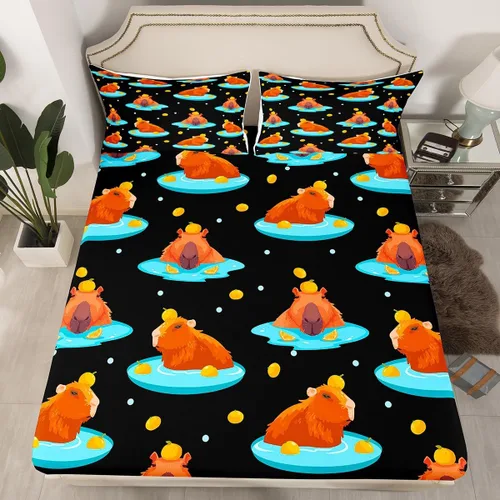 Miniatura 9 de Sábana bajera ajustable de Capybara de dibujos animados tamaño individual para niños, bonito juego de cama de Capybaras marrón para niños y niñas