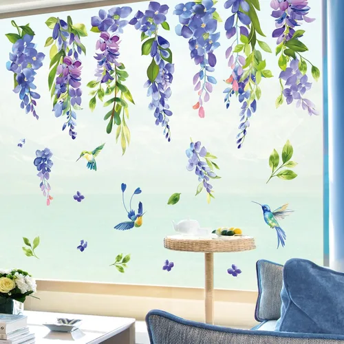 Miniatura 2 de Wondever Etiqueta engomada de cristal de hoja floral de colibrí colgante de flores de primavera azul púrpura etiqueta de ventana estática de doble