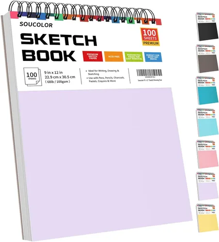 Miniatura 10 de Soucolor - Cuaderno de bocetos de 9 x 12 pulgadas, paquete de 4 de 100 hojas, encuadernado en espiral, libre de ácido (68 libras/100 g/m²), papel