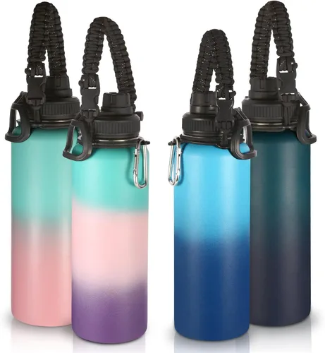 Miniatura 19 de Volhoply Botellas de agua aisladas en paquete de 2, 40 onzas, botella deportiva de acero inoxidable con asa de paracord y tapa con boquilla, taza