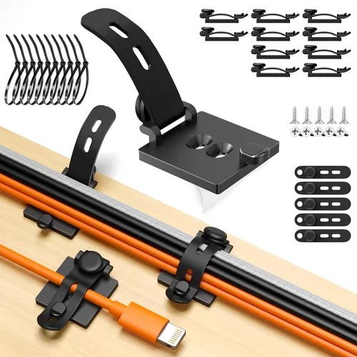 Miniatura 2 de Viaky Kit de organización de cables, paquete de 10 clips adhesivos para cables con 5 correas de silicona ajustables, 10 bridas y 10 tornillos