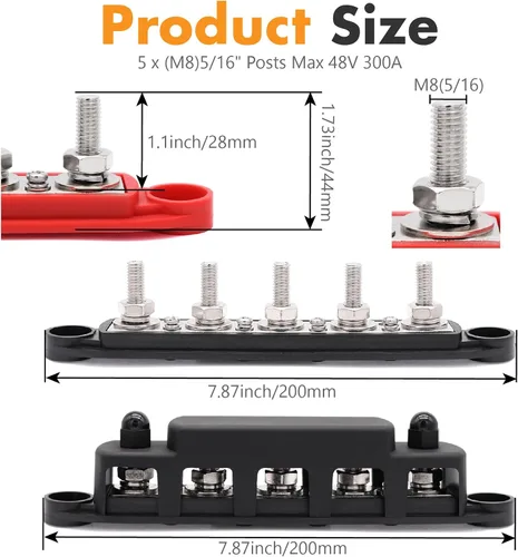 Miniatura 5 de Barra colectora de 5 postes 300A, perno de 5/16 pulgadas para 4 AWG y 2 AWG, bloque de distribución de energía con tapa, tacos y kit