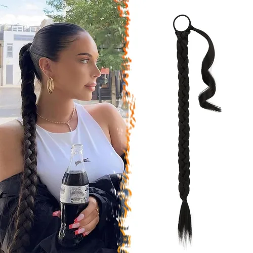 Miniatura 45 de Barsdar Extensión de 26 Pulgadas de Cola de Caballo Trenzada Larga con Banda Elástica - Extensiones de Cabello en Cola de Caballo Recta y Elegante