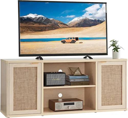 Miniatura 8 de LEYAOYAO Soportes de TV de ratán para sala de estar, gabinete de TV bohemio con almacenamiento y estante abierto, centro de entretenimiento