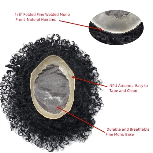 Miniatura 3 de Afro - Tupé para hombre, duradero, base fina, mono, rizado, cabello ondulado africano, piezas para hombres negros, mono encaje de poliuretano