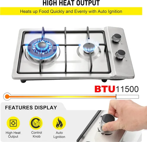 Miniatura 3 de Cocina de gas de 12 pulgadas, estufa de gas integrada de 2 quemadores de acero inoxidable con kit de conversión de NG/LPG, protección de termopar