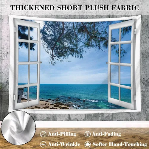 Miniatura 4 de Tapiz azul para ventana de playa y océano para colgar en la pared, árbol costero, paisajes naturales, arte lindo y pequeño tapiz estético