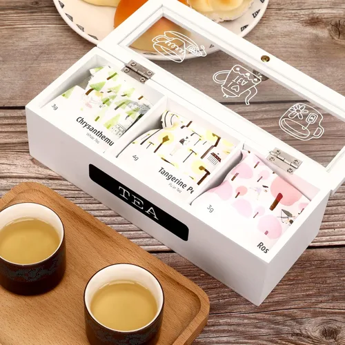 Miniatura 4 de Organizador de bolsas de té, organizador de bolsas de té de madera blanca con 3 compartimentos, organizador de soporte de té, caja de almacenamiento