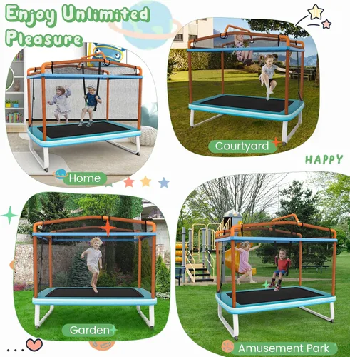 Miniatura 7 de Giantex - Cama elástica de 6 pies rectangular con columpio, cama elástica mini para niños aprobada por ASTM con red, barra horizontal, cierres