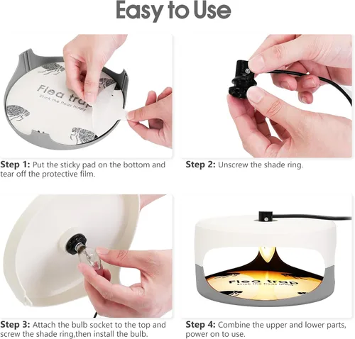 Miniatura 6 de Paquete de 2 trampas para pulgas para el interior de tu hogar, mata insectos en la cama con 6 bombillas y 4 almohadillas adhesivas, trampa