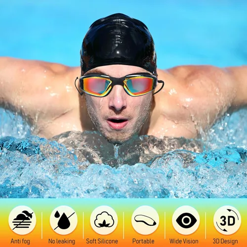 Miniatura 5 de Flutesan Paquete de 6 gafas de natación para adultos, antiniebla, con tapones para los oídos, clip para la nariz, sin fugas, protección completa