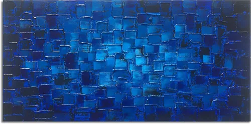 Miniatura 16 de MyArton Arte de pared de lienzo texturizado, cuadrados abstractos, pintado a mano, pintura al óleo moderna de color azul oscuro, imagen