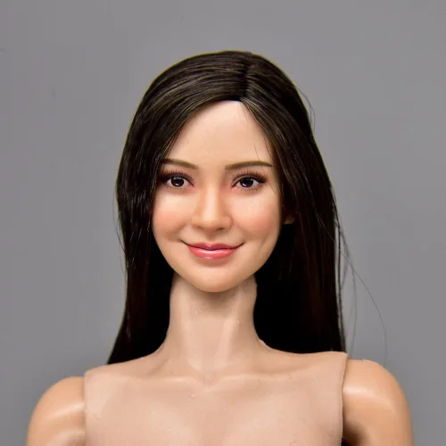 Miniatura 6 de Esculpa de cabeza femenina a escala 1/6, cabeza de cabello plantado de niña asiática tallada para figura de acción de 12 pulgadas (pelo liso negro)