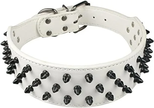 Dogs Kingdom Collar de cuero negro de perro, collar tachonado y con puas, 2 pulgadas de ancho, 31 puas 52 tachas para Pit Bull y Boxer., m, Negro