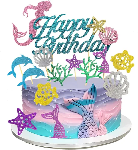 Juego de 13 adornos para tartas de cumpleaños de sirena, decoración temática oceánica brillante con decoración de feliz cumpleaños y 12 selecciones