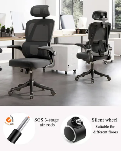 Miniatura 7 de Silla de oficina de malla, ergonómicas de respaldo alto con ruedas y reposacabezas ajustables, cómodos brazos abatibles para el hogar, dormitorio