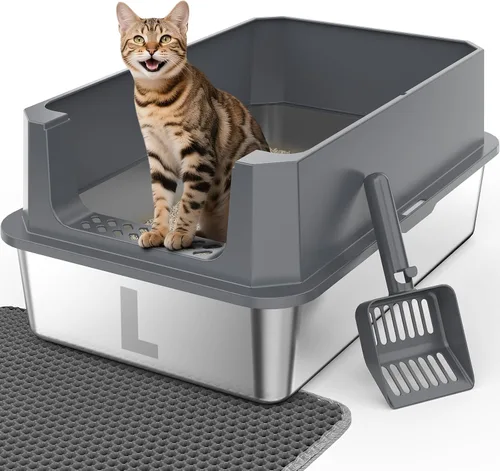 Miniatura 14 de FURTIME Caja de arena de acero inoxidable para gatos con tapa, caja de arena de metal para gatos pequeños, cajas de arena para gatitos con pala
