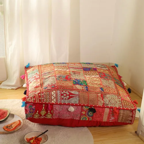 Miniatura 8 de THE ART BOX Almohadas de Suelo y Fundas de Cojín de Algodón Patchwork Vintage Boho Bordadas, Puf para Perro, Puf de Asiento, Almohada de Meditación