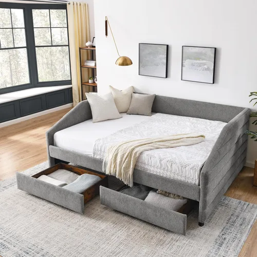 Miniatura 12 de Flieks Sofá cama tapizado de tamaño individual con nido, sofá cama tapizado de tela de lino, cama nido con ruedas y marco de madera, no necesita
