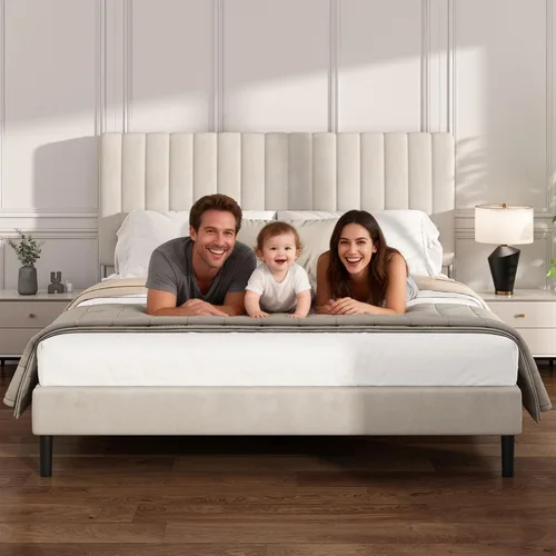 Miniatura 7 de Base de cama de plataforma de tamaño matrimonial con cabecera capitoné de canal vertical, no necesita somier, sin ruido, fácil montaje, terciopelo