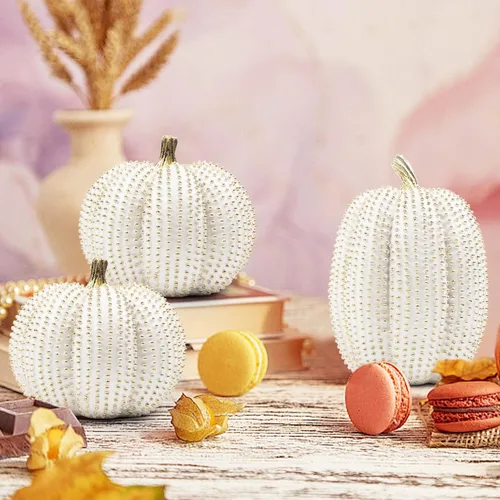 Miniatura 4 de 3 piezas de calabazas de resina de Acción de Gracias, figuras de calabaza de otoño blancas y doradas, calabazas grandes de resina para el hogar