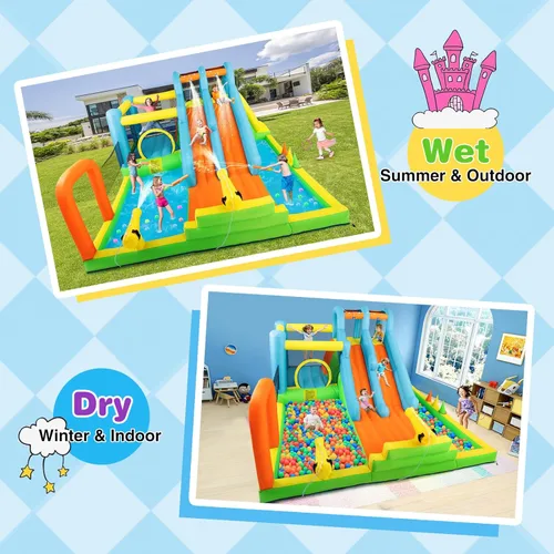 Miniatura 6 de JOYLDIAS Tobogán acuático inflable, casa de rebote gigante de parque acuático con 2 toboganes largos, piscina de chapoteo, trampoline, pared