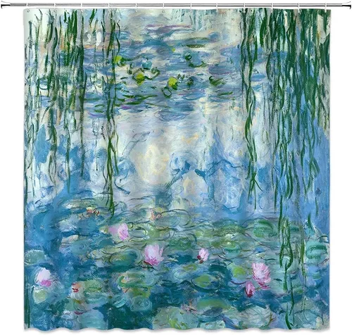 Juego de cortina de ducha con pintura famosa, pintura al óleo, arte clásico retro monet, lirio de agua, Van Gogh, noche estrellada, girasol,