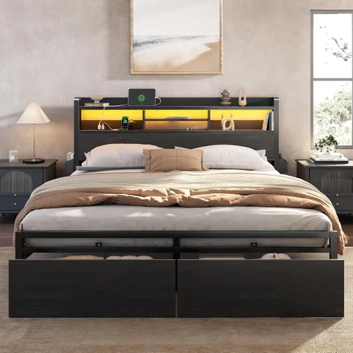 Miniatura 10 de Furnulem Base de cama Queen con cabecera de madera y estante de almacenamiento, marco de cama de plataforma de metal tamaño Queen con cajones