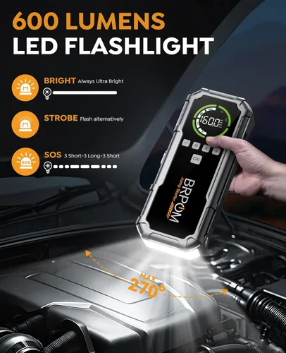 Miniatura 4 de Arrancador de batería con compresor de aire, BRPOM 8000A arrancador de batería portátil para automóvil (todo gasolina/12L diésel), paquete