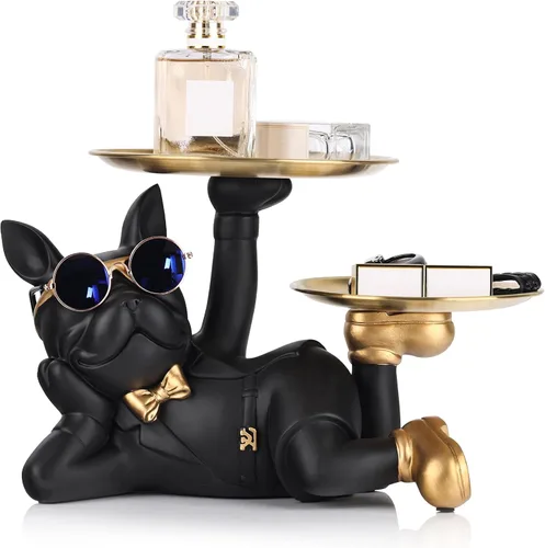 Estatua de bandeja de Bulldog Oliruim - Mayordomo Bulldog con bandeja de almacenamiento para soporte de llaves de entrada, soporte de anillos, plato