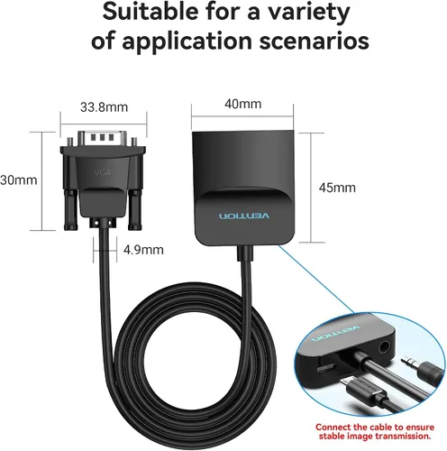 Miniatura 7 de VENTION Paquete de 3 adaptadores VGA a HDMI - 1080P Dongle de vídeo, adaptador convertidor VGA con cable de audio (0.15 m), macho a hembra para PC