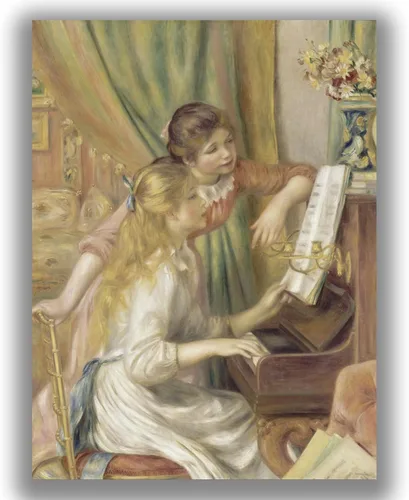 Pierre-Auguste Renoir - Lienzo decorativo para pared, póster para niñas jugando piano, dos niñas aprendiendo piano. Pintura impresionista.