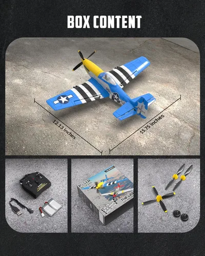 Miniatura 10 de VOLANTEXRC RC Avión P51D Mustang de 4 canales, avión de control remoto de combate RTF con giroscopio de 6 ejes, 3 modos, fácil de volar, avión Azul