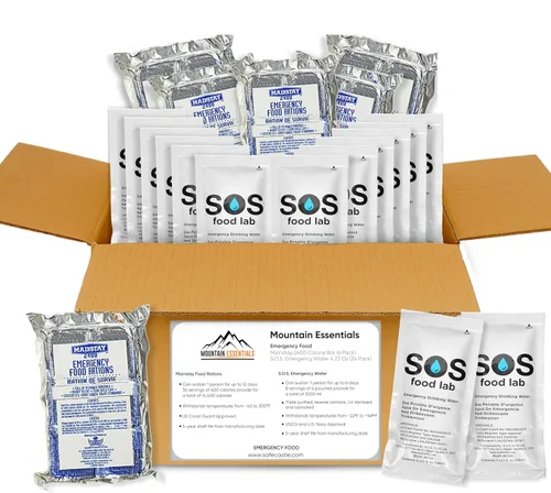 MOUNTAIN ESSENTIALS Paquete de 6 barras de alimentos de emergencia de 2400 calorías y agua de emergencia S.O.S. 4.22 onzas, paquete de 24 con 5 años