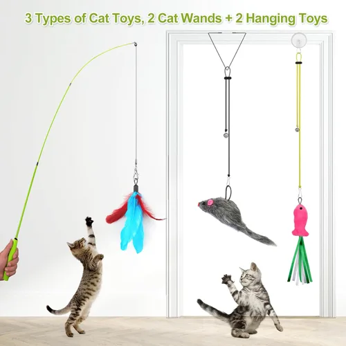 Miniatura 5 de ChicWow Varita Retráctil Interactiva para Gatos y Juguetes Colgantes para Gatos - 2 Varitas, 2 Colgantes, 7 Juguetes Tentadores para Gatos Adultos