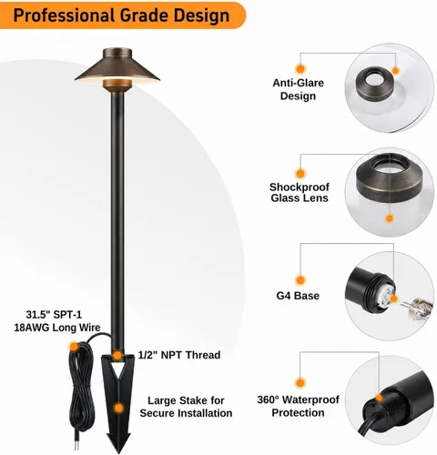Miniatura 9 de Gardenreet Luces de camino de latón para exteriores, iluminación de camino de paisaje de bajo voltaje con cable, luz LED de pasarela de 12 V