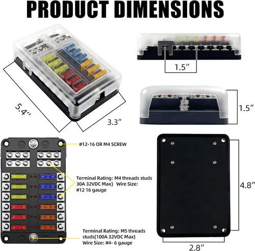 Miniatura 6 de Caja de bloque de fusibles de 12 vías y 12 voltios, panel de fusibles impermeable para barco con indicador de advertencia LED, 12 circuitos con hoja