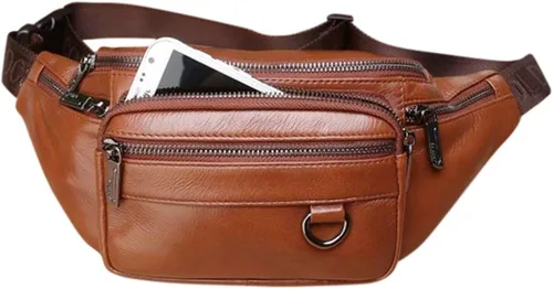 Miniatura 4 de Riñonera de cuero para hombre, bolsa de cintura grande para viajes, senderismo, ciclismo, motociclismo, pesca, correr, negro, marrón, café, Marrón
