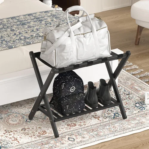 Miniatura 7 de Portaequipajes plegable con estante de almacenamiento para habitación de invitados Hotel Essentials de bambú sólido resistente soporte