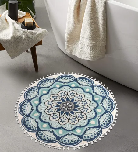 Uphome Alfombra redonda pequeña de 2.3 pies, color azul, bohemia, con flecos de pompones, antideslizante, lavable, tapete de baño circular de Negro