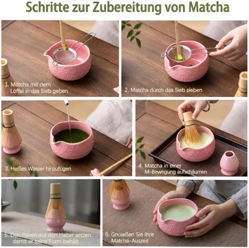 Miniatura 6 de Buucup Juego de batidor de matcha, juego de cerámica matcha incluye cuenco matcha, batidor y soporte de matcha, cuchara de bambú, soporte para Rosa