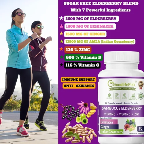 Miniatura 5 de 7 veces saúco con zinc, vitamina C, vitamina D, equinácea, jengibre y grosella espinosa india (Amla). Cápsulas de saúco prémium de 90