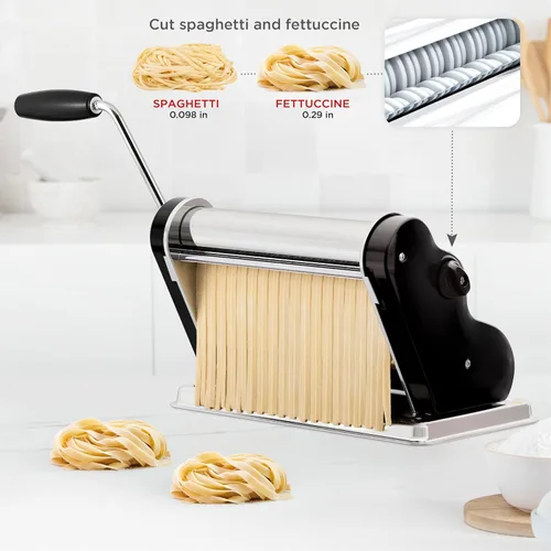 Miniatura 5 de PASTALINDA Máquina para hacer pasta Classic 260, rodillos de 10.2 in de ancho, 9 posiciones de grosor, 2 posiciones de corte, acero inoxidable. Negro