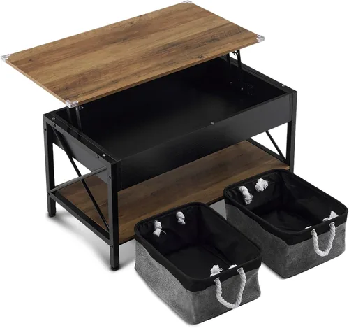 Miniatura 7 de VINGLI Mesa de centro elevable de 36" con contenedores de almacenamiento de tela gratis, mesas de centro negras rústicas de granja para sala