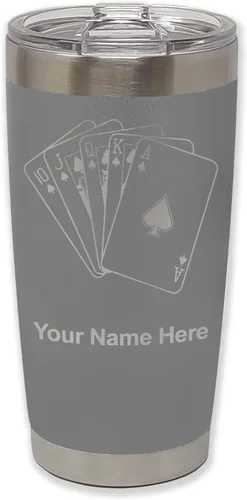 Miniatura 16 de LaserGram Vaso aislado al vacío de 20 onzas, tarjetas de póquer Royal Flush con grabado personalizado incluido (negro)